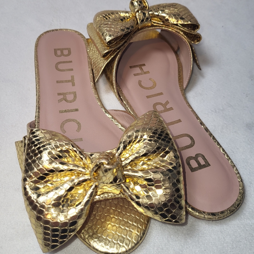 Butrich Alina Slide Flat Metallic Gold Bow Sandals‎ Women's Size EU 36 US 5.5